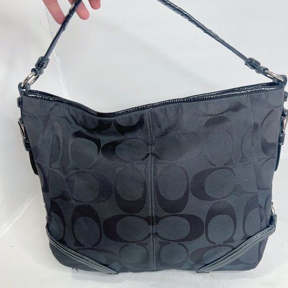 Coach Katarina Black Signature Monogram Hobo Bag Patent Leather Shoulder Bag - Picture 3 of 10